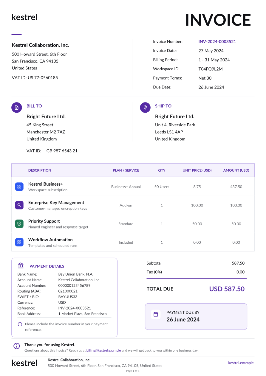 Workspace Invoice, page 1 of 1