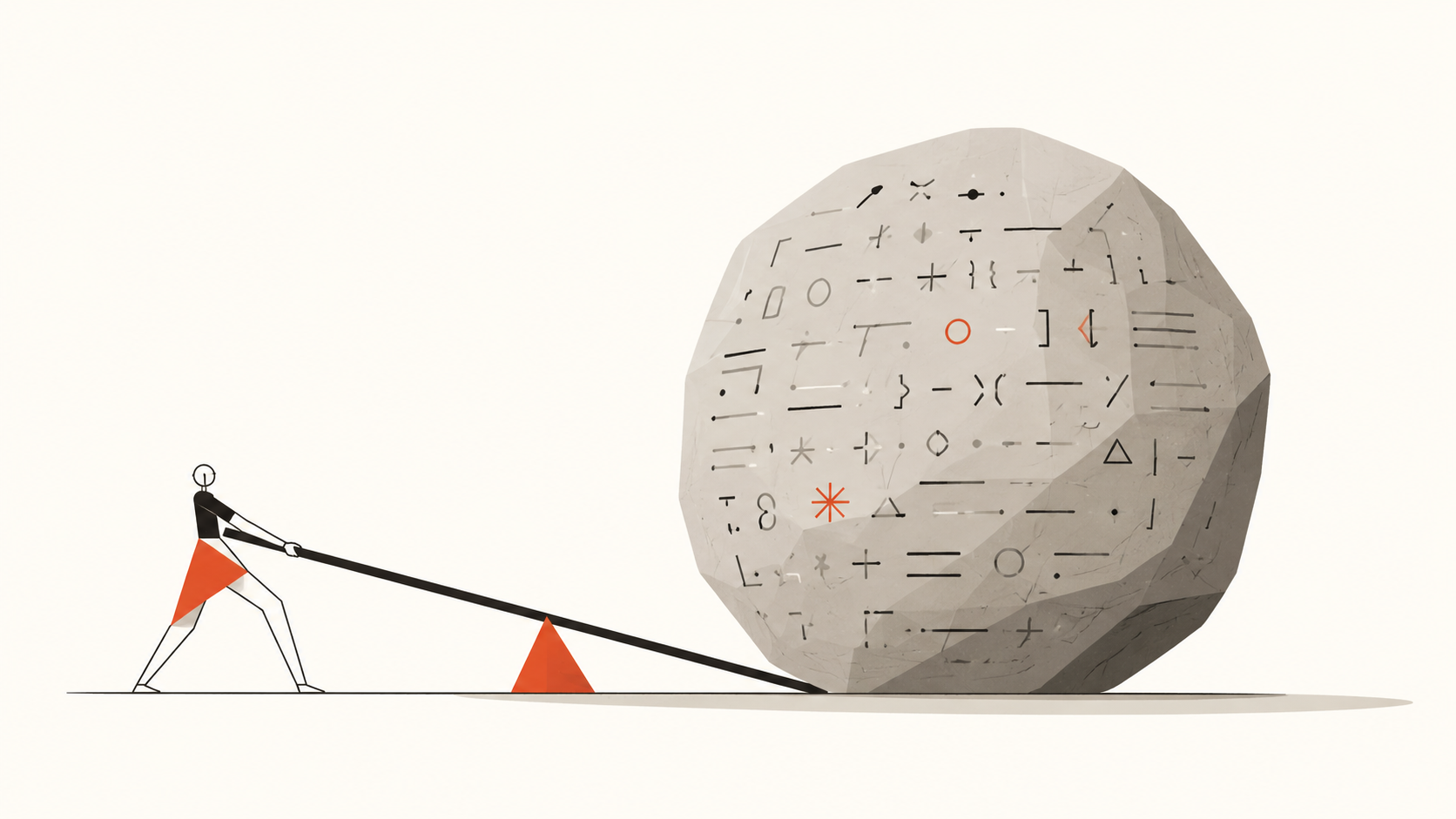 A person using leverage to move a large stone covered with code symbols