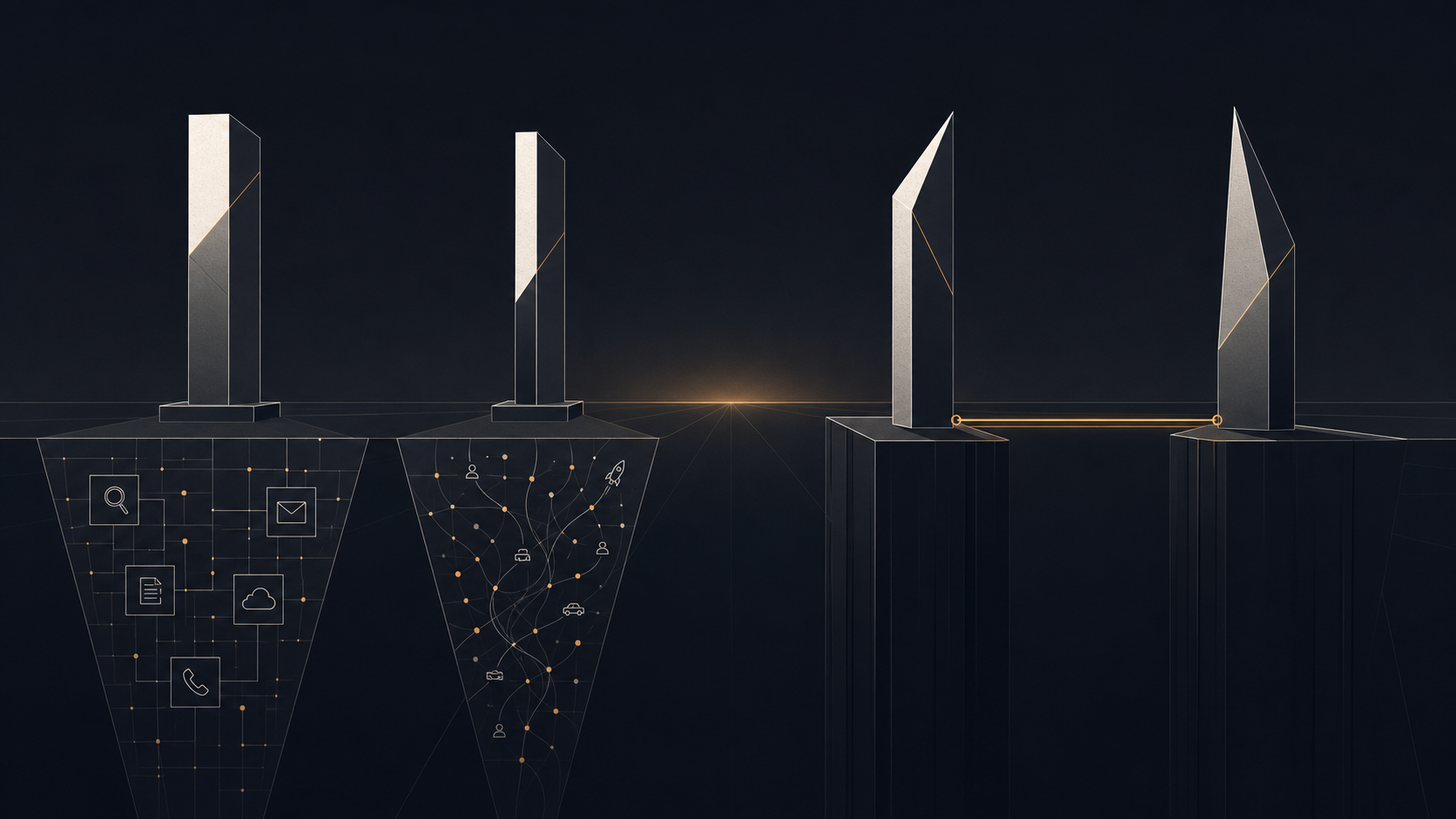 Four abstract monoliths on a dark plain, a metaphor for the four leading AI labs and their different foundations