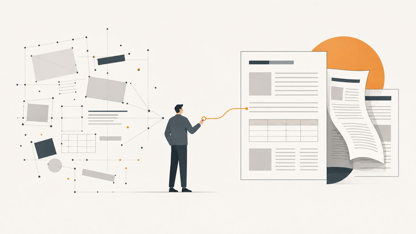 A developer connecting layout fragments into finished document pages